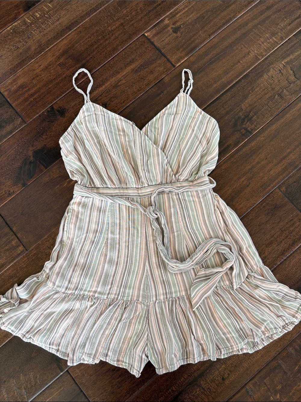 American Eagle Outfitters Striped Pastel Romper in Pink, Blue, Gray